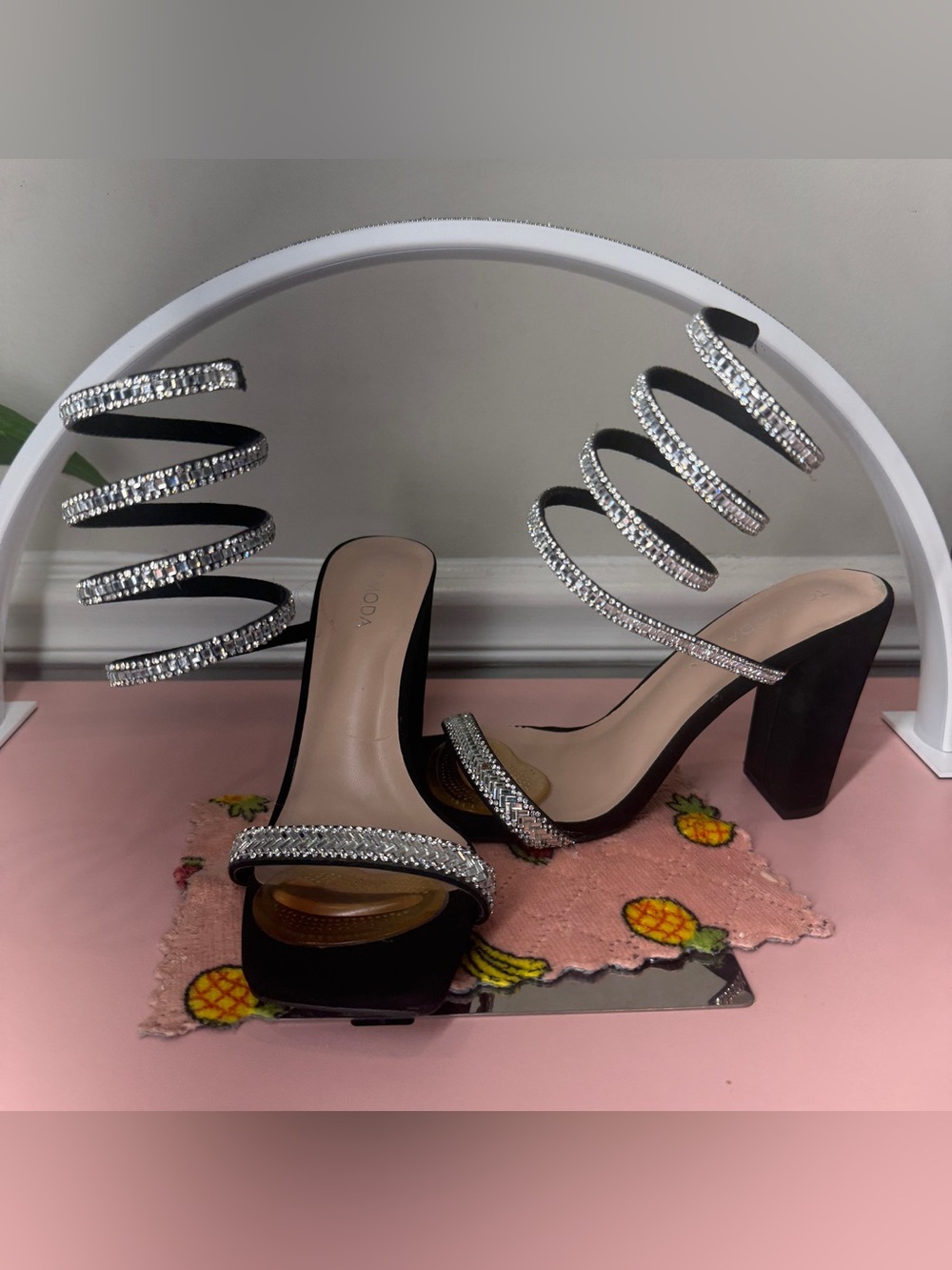 Black Crystal Spiral Strap Block Heel Sandals - Women